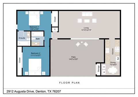 Floor plan for 2 beds, 2 baths, 977 sqft